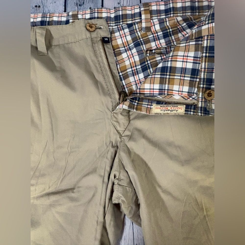 Olde School Brand Retro Reversible Flat Front Classic Khaki Madras Plaid Size 36 - Picture 7 of 9